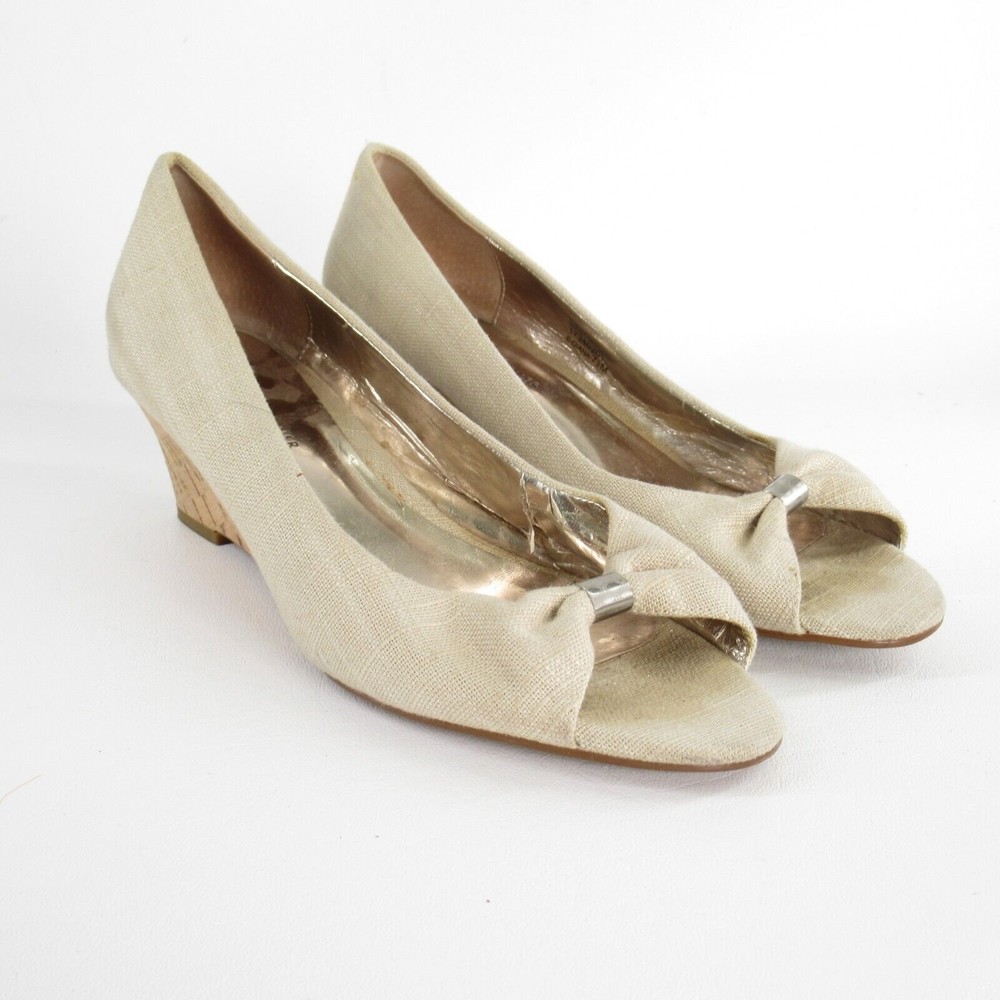 Vtg Etienne Aigner Shoes 7.5 Diana Ivory Linen Espadrille Cork Wedge Peep Toe